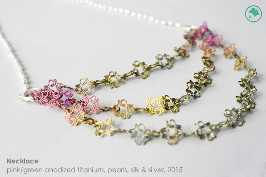 2015 Pink-Green Necklace: Titanium, Pearls, Silk and Silver