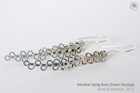 2015 Heather Sprig Blue Green Earrings: Titanium and Silver